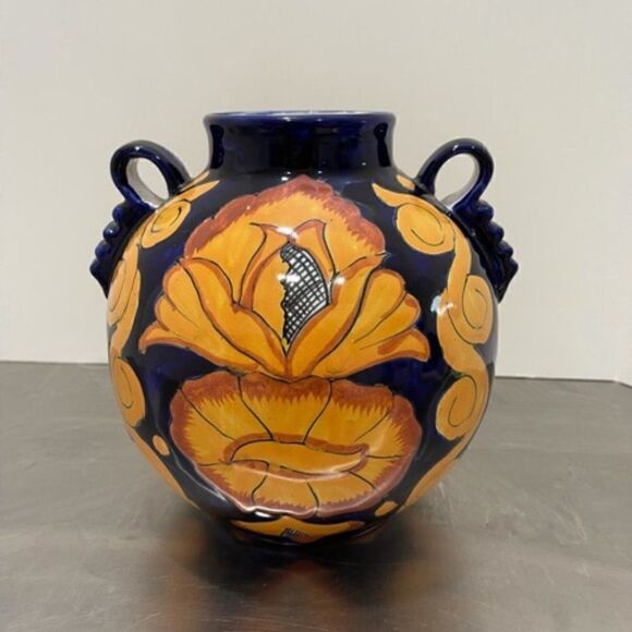 Castillo Hecho En Mexico Handmade Handled Urn Pot Red Clay Cobalt Yellow Flowers - Picture 1 of 6
